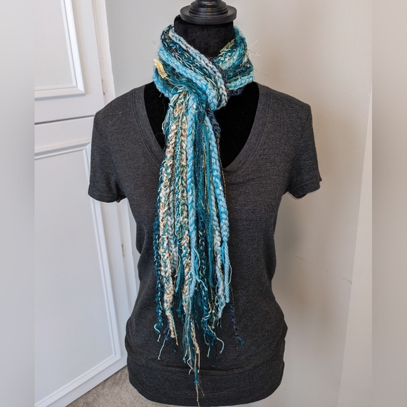 Teal Gold Aqua Ivory Handmade Fringe Scarf!! New Made By Lola - Picture 6 of 10